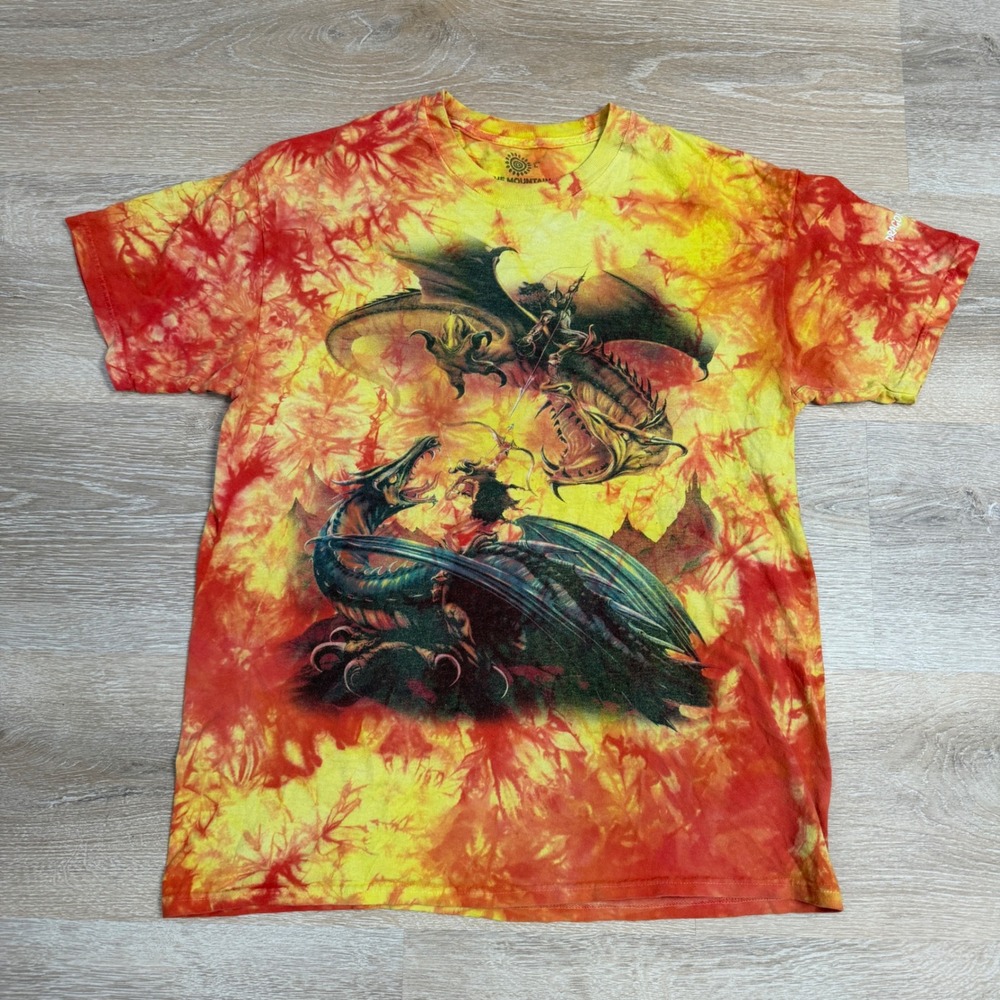The Mountain Dragon Battle Tie Dye Graphic T-Shirt Mens Large Red Yellow Fantasy